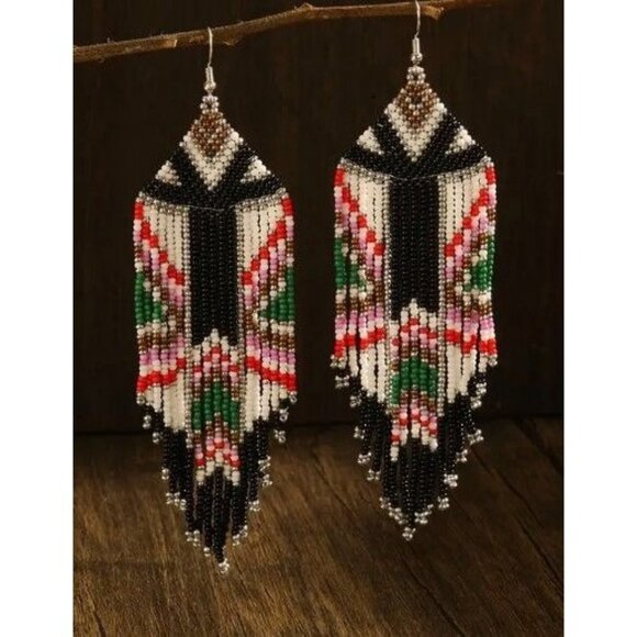 Handmade Long Beaded Tassel Earrings Large Native Bohemian - Picture 1 of 6